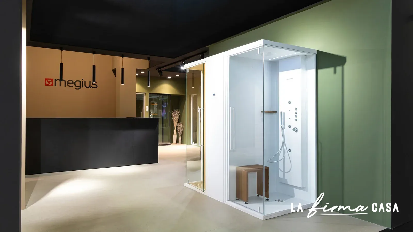 Showroom with branded reception desk by Megius Spa in Canada