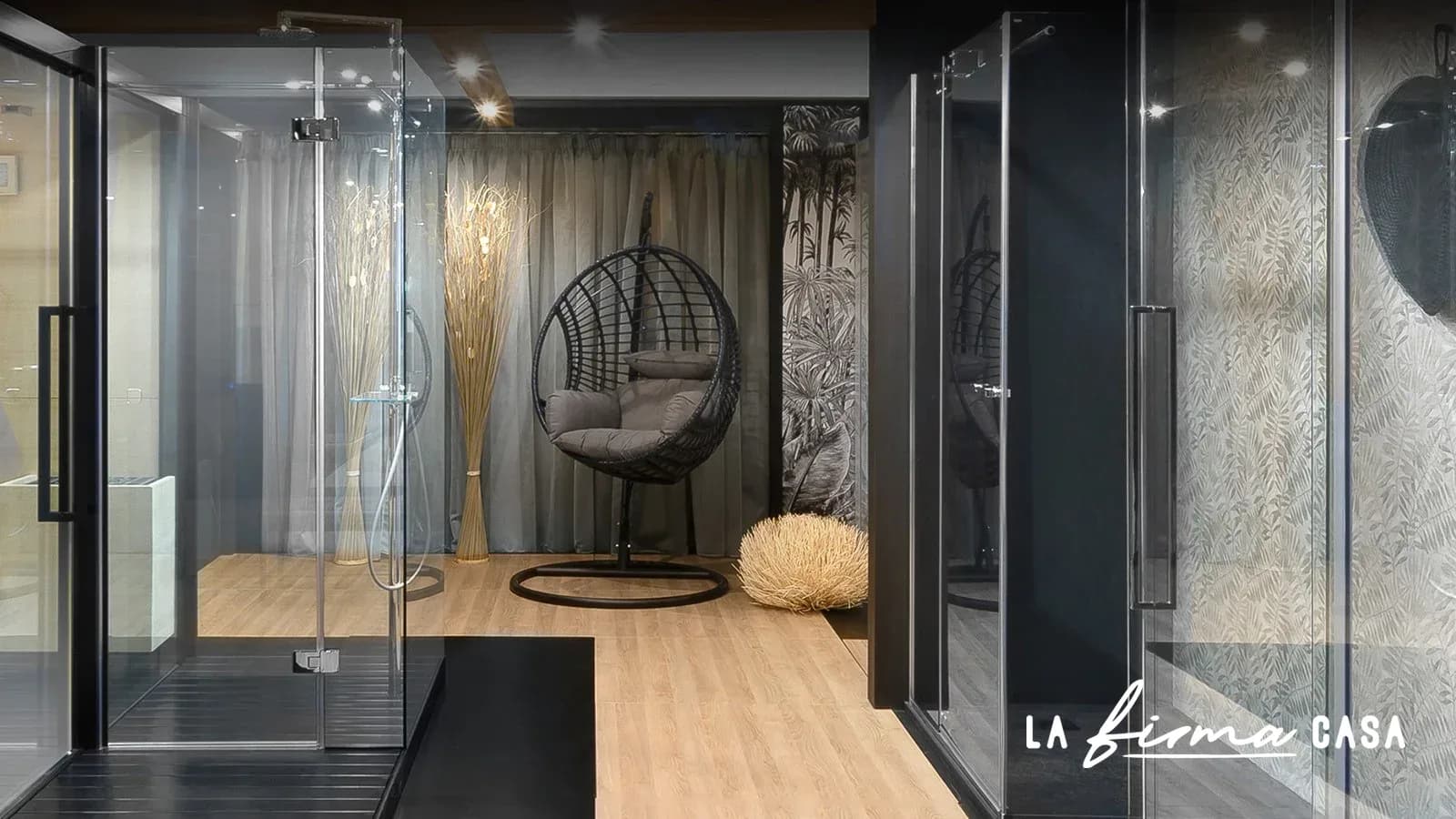Walk in glass shower with a hanging chair by Megius Spa in Canada