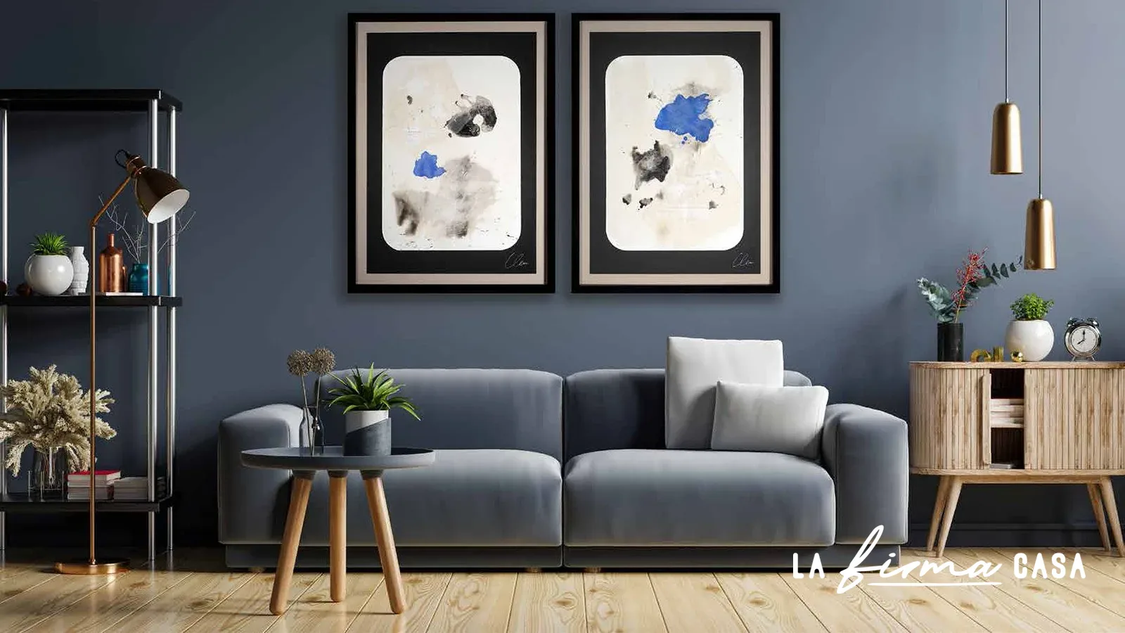 Blue and white diptych on a navy wall by Novocuadro in Canada