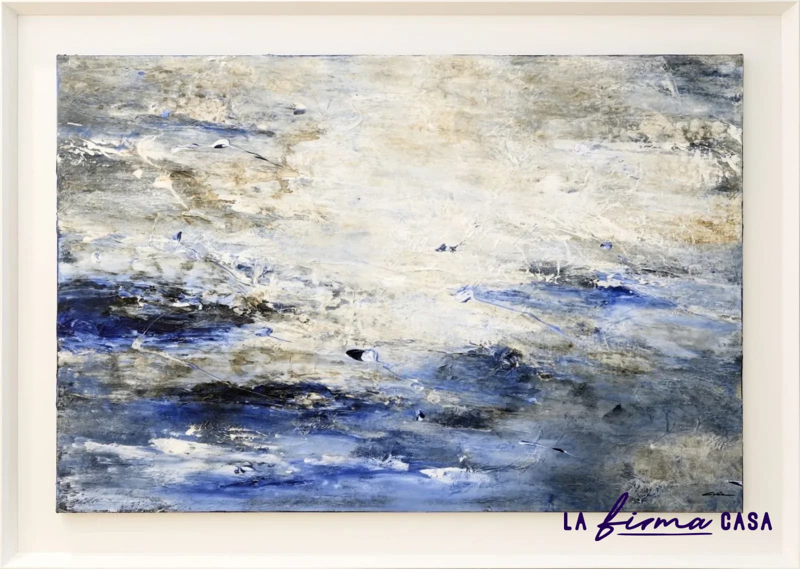 Blue and white seascape canvas in a white frame by Novocuadro in Canada