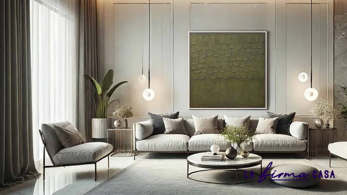 Olive square canvas above a grey sofa by Novocuadro in Canada