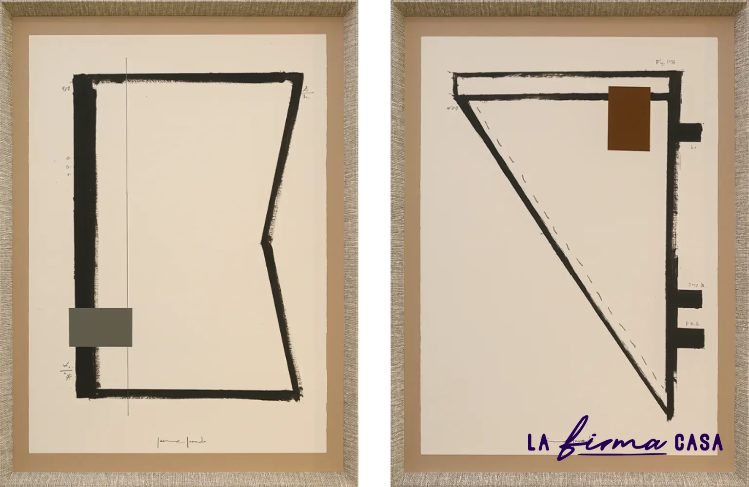 Pair of black line drawings in linen frames by Novocuadro in Canada