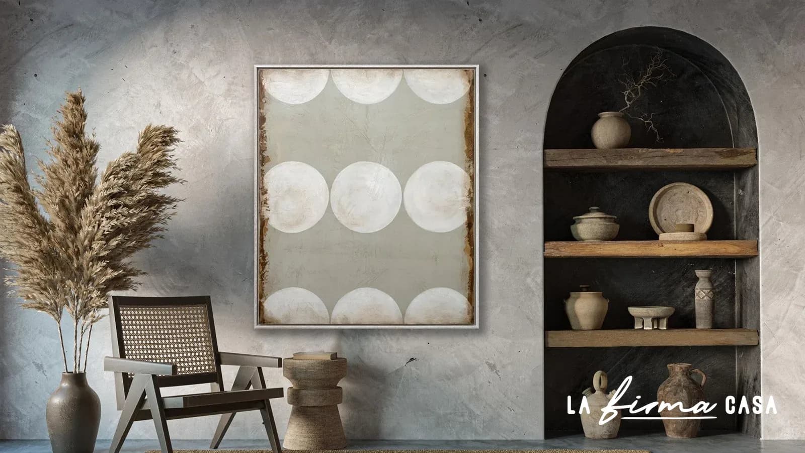 Pale circles canvas in an arched alcove room by Novocuadro in Canada