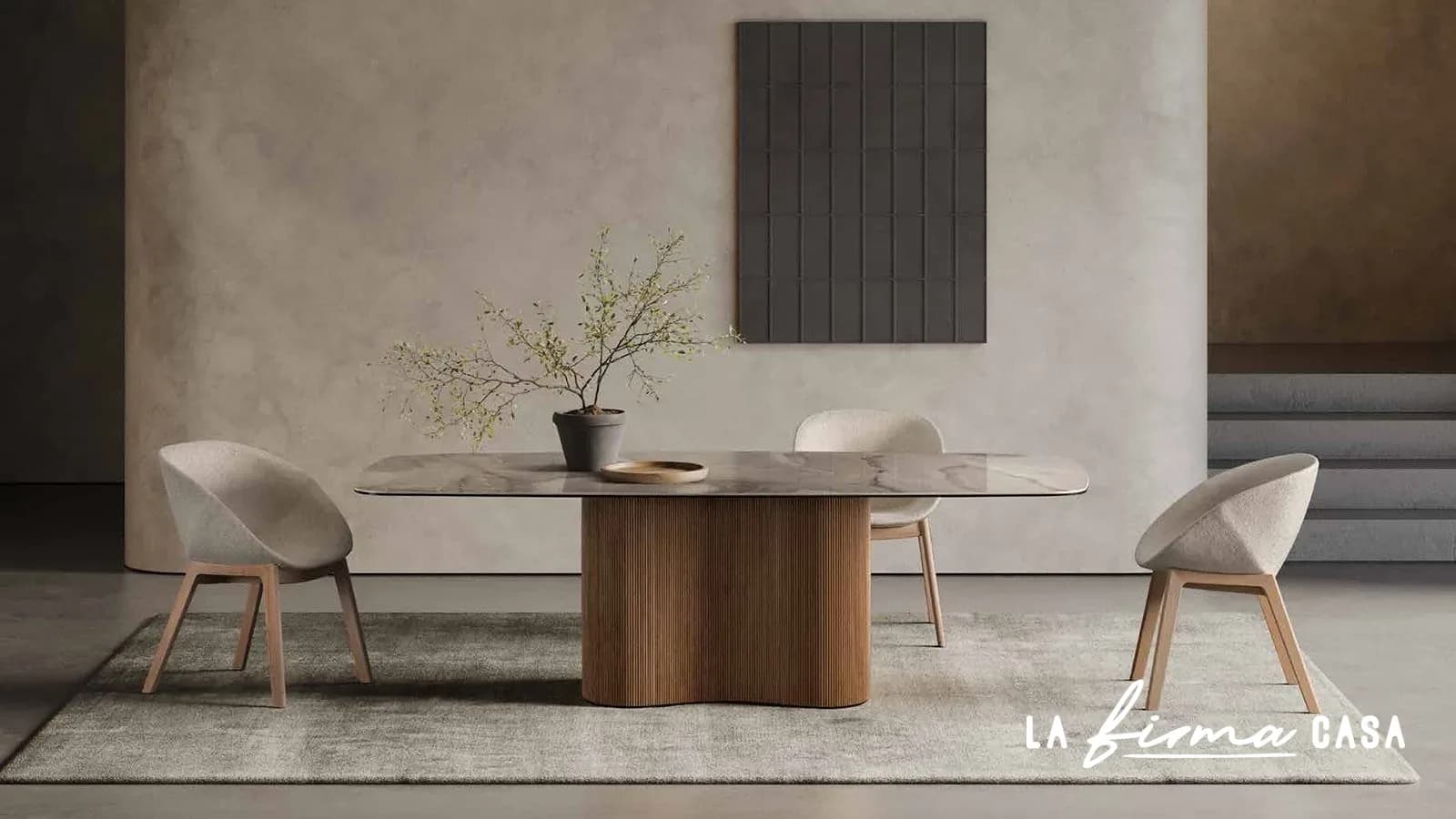 Marble table on a fluted walnut base by Tafaruci in Canada