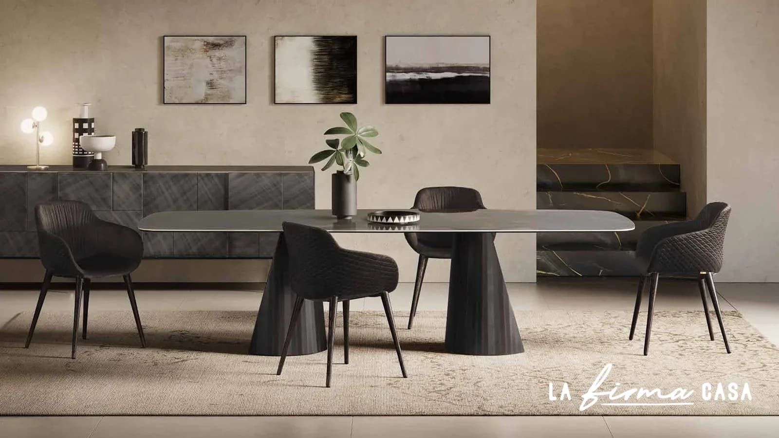 Table on a flared cone base with black chairs by Tafaruci in Canada