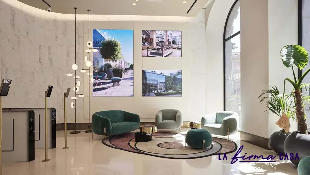 Round rugs in a double height showroom lounge by Warli in Canada