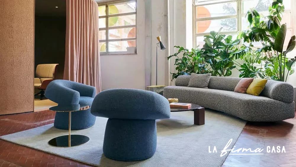 Rug with blue mushroom poufs and a grey sofa by Warli in Canada