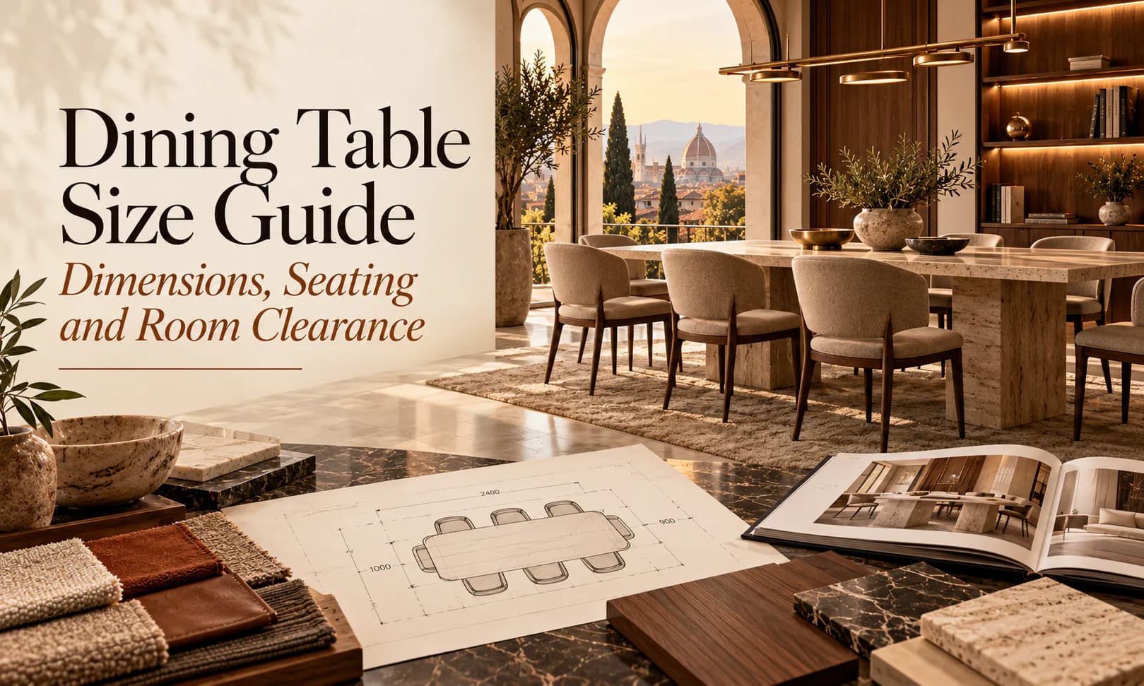 Dining table size guide: a stone dining table with upholstered chairs in a luxury dining room, with a floor plan of a 2400 mm table and its clearances and tabletop samples