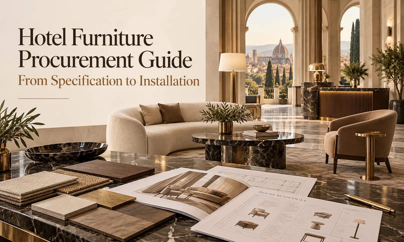 Hotel furniture procurement guide: fabric, timber and stone samples with a room schedule on a marble table in an Italian hotel lobby with a curved sofa and lounge chair