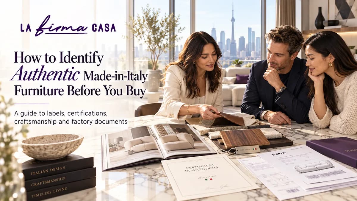 La Firma Casa advisor reviewing Made in Italy labels, a certificate of authenticity, factory documents and material samples with two clients in a Toronto residence