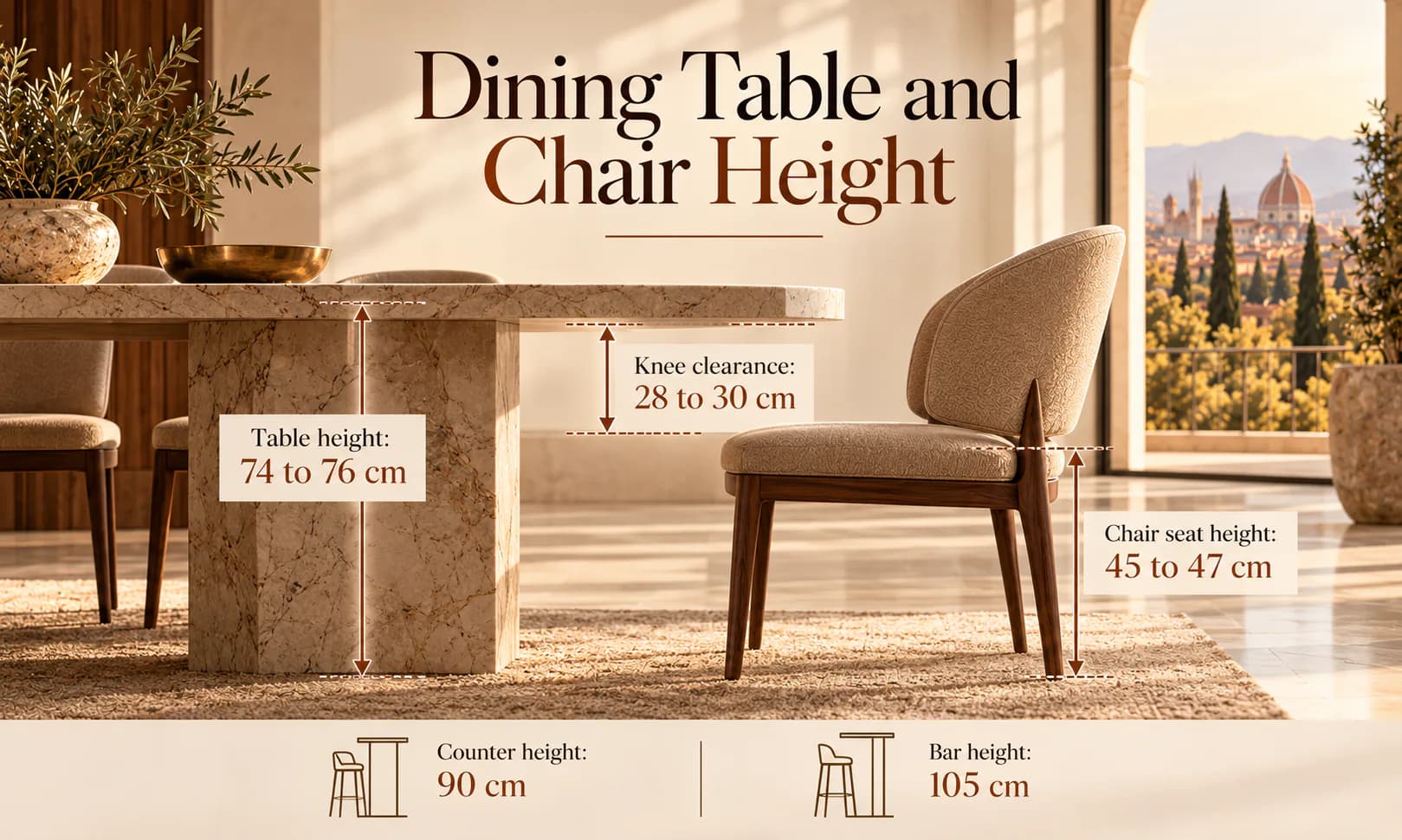 Dining table and chair height guide: a marble table at 74 to 76 cm, an upholstered chair with a 45 to 47 cm seat, 28 to 30 cm of knee clearance, counter height at 90 cm and bar height at 105 cm