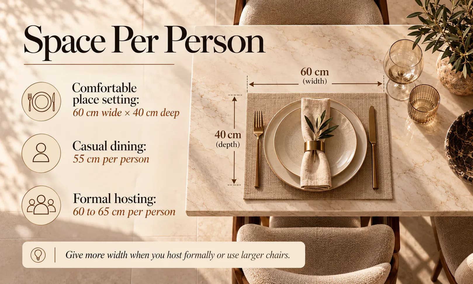 Dining table space per person: a place setting on a marble table marked 60 cm wide by 40 cm deep, with 55 cm per person for casual dining and 60 to 65 cm for formal hosting