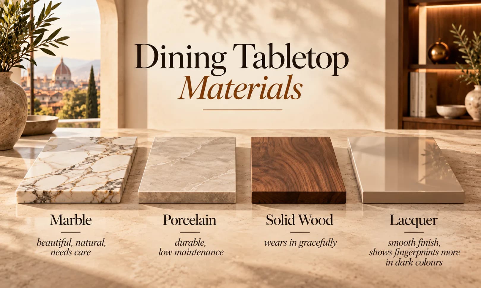 Dining tabletop materials compared: marble, porcelain, solid walnut and lacquer samples on a marble table, from beautiful but needing care to durable and low maintenance