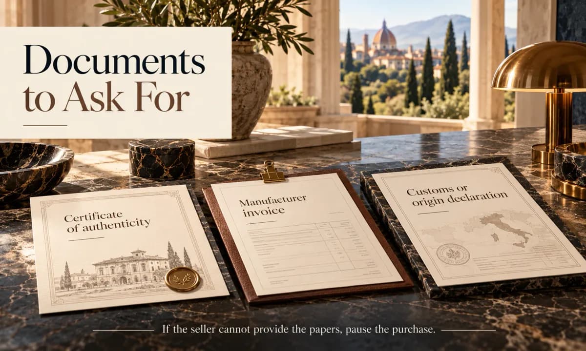 Documents to ask for before buying Italian furniture: a certificate of authenticity, a manufacturer invoice and a customs or origin declaration