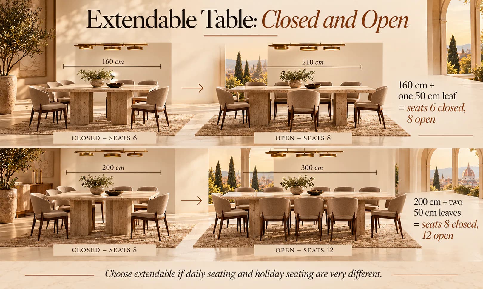 Extendable dining table sizes closed and open: a 160 cm table with one 50 cm leaf seats six closed and eight open at 210 cm, and a 200 cm table with two leaves seats eight closed and twelve open at 300 cm