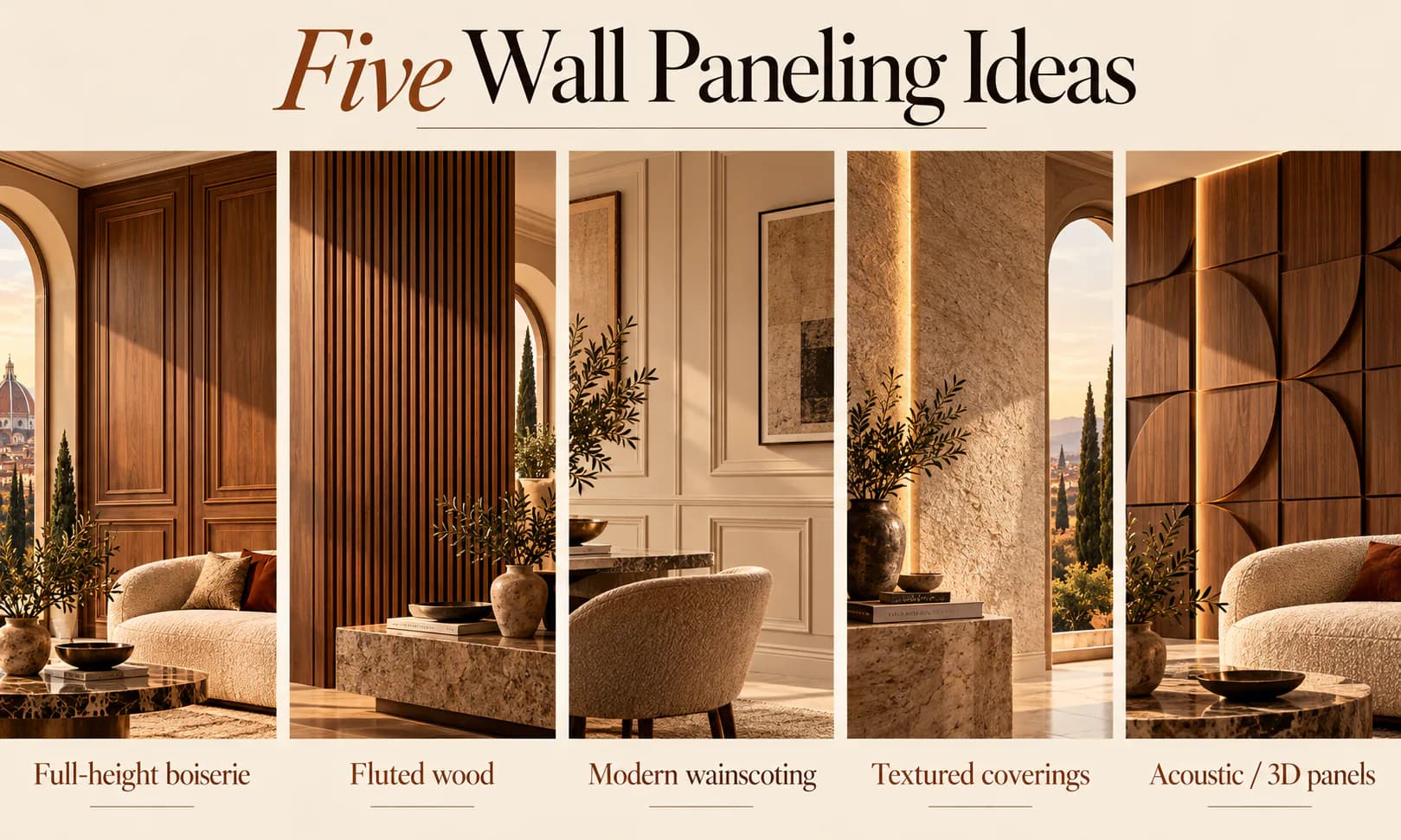Five wall paneling ideas for modern luxury interiors: full-height walnut boiserie, fluted wood, modern wainscoting, textured wall coverings and acoustic 3D wood panels
