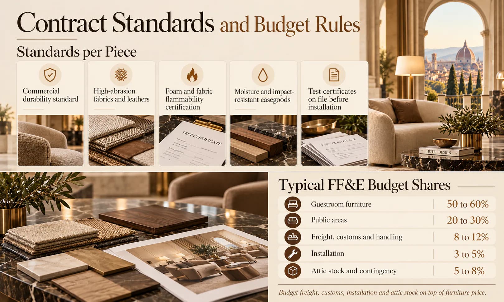 Hotel furniture contract standards per piece and typical FF&E budget shares: guestroom furniture 50 to 60 percent, public areas 20 to 30, freight and customs 8 to 12, installation 3 to 5, attic stock and contingency 5 to 8