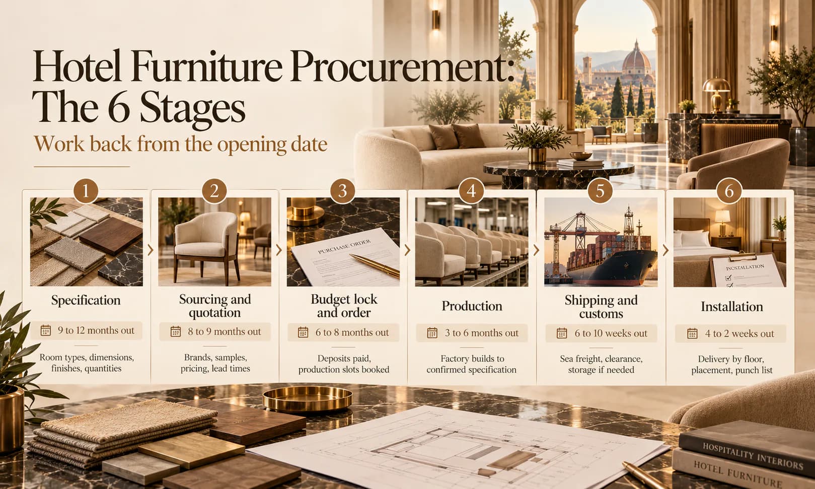 Hotel furniture procurement in six stages, worked back from the opening date: specification, sourcing and quotation, budget lock and order, production, shipping and customs, installation