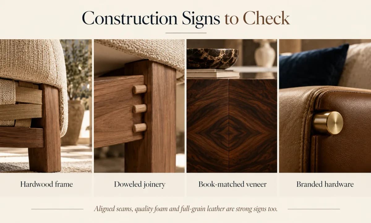 Construction signs to check on Italian furniture: a hardwood frame, doweled joinery, book-matched veneer and branded hardware