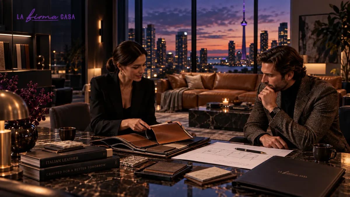 Consultant turning through a leather category sample book beside a sofa drawing at an evening consultation, Toronto skyline behind