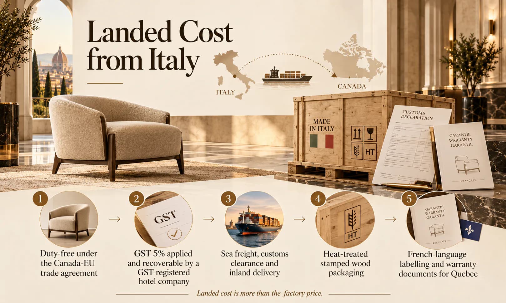 Landed cost of Italian furniture in Canada: duty-free under the Canada-EU trade agreement, 5 percent GST, sea freight and customs, heat-treated wood packaging and French-language documents for Quebec