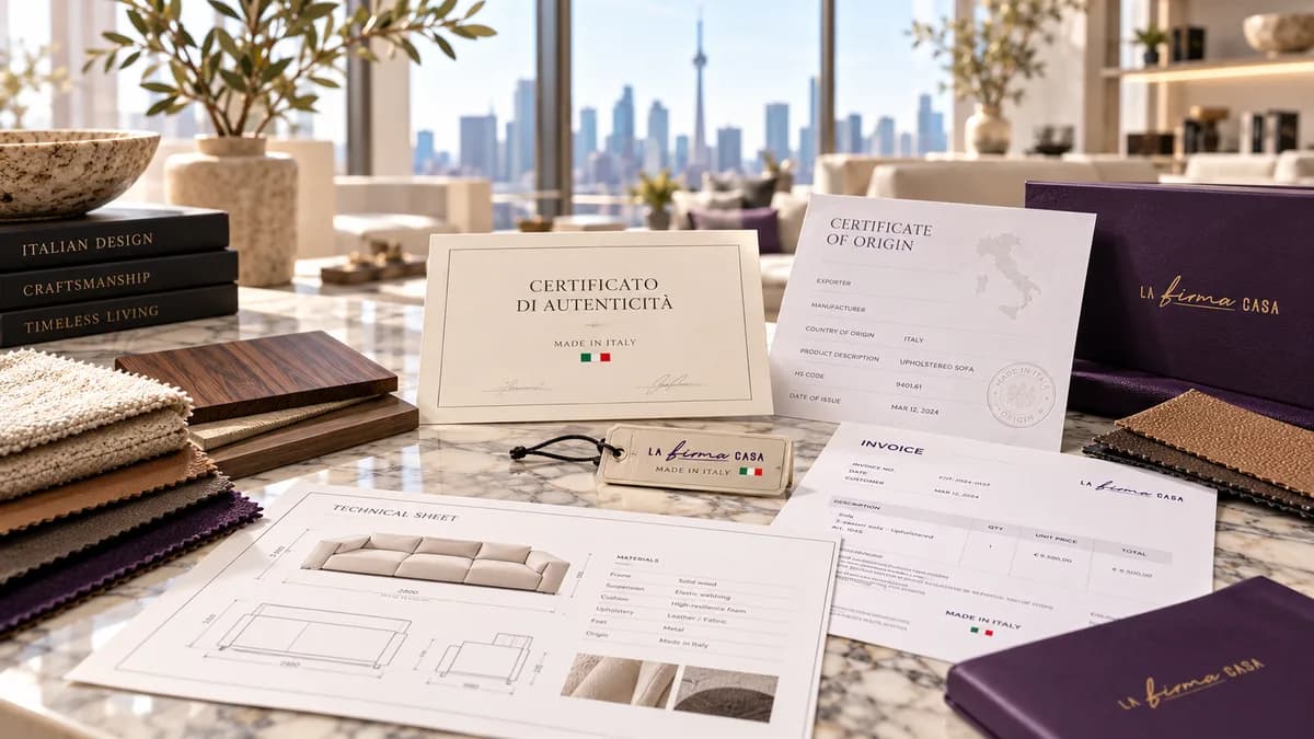 Made in Italy certificate of authenticity, certificate of origin, invoice and technical sheet for an Italian sofa