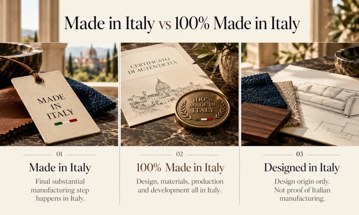Made in Italy vs 100% Made in Italy vs Designed in Italy: a swing tag, a certificate with a 100% Made in Italy seal and a sofa sketch, with what each label proves