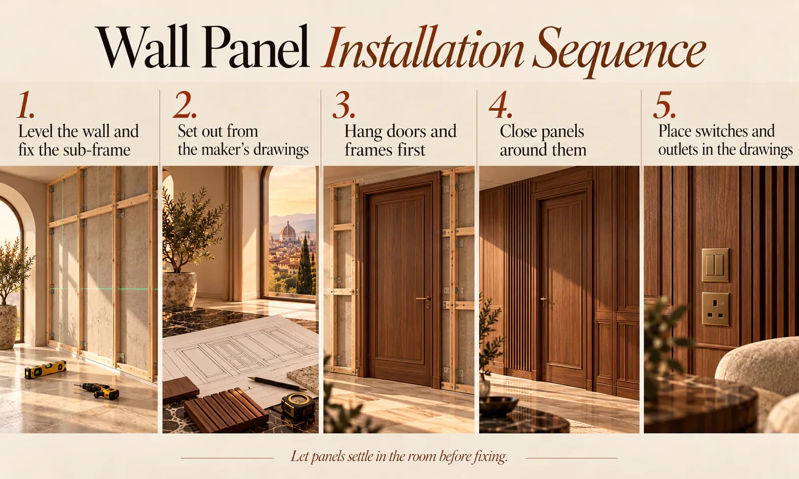 Wall panel installation sequence: level the wall and fix the sub-frame, set out from the maker’s drawings, hang doors and frames first, close panels around them, place switches and outlets in the drawings