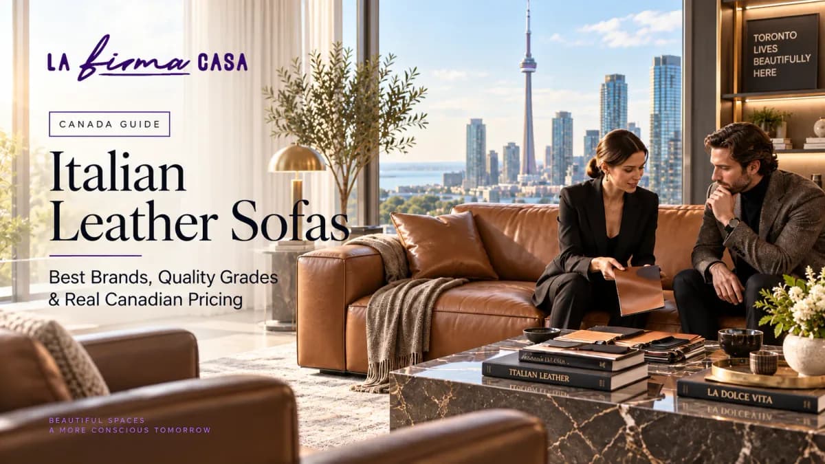 La Firma Casa consultants comparing a tan leather swatch beside a full-grain Italian leather sofa in a Toronto apartment with the CN Tower behind