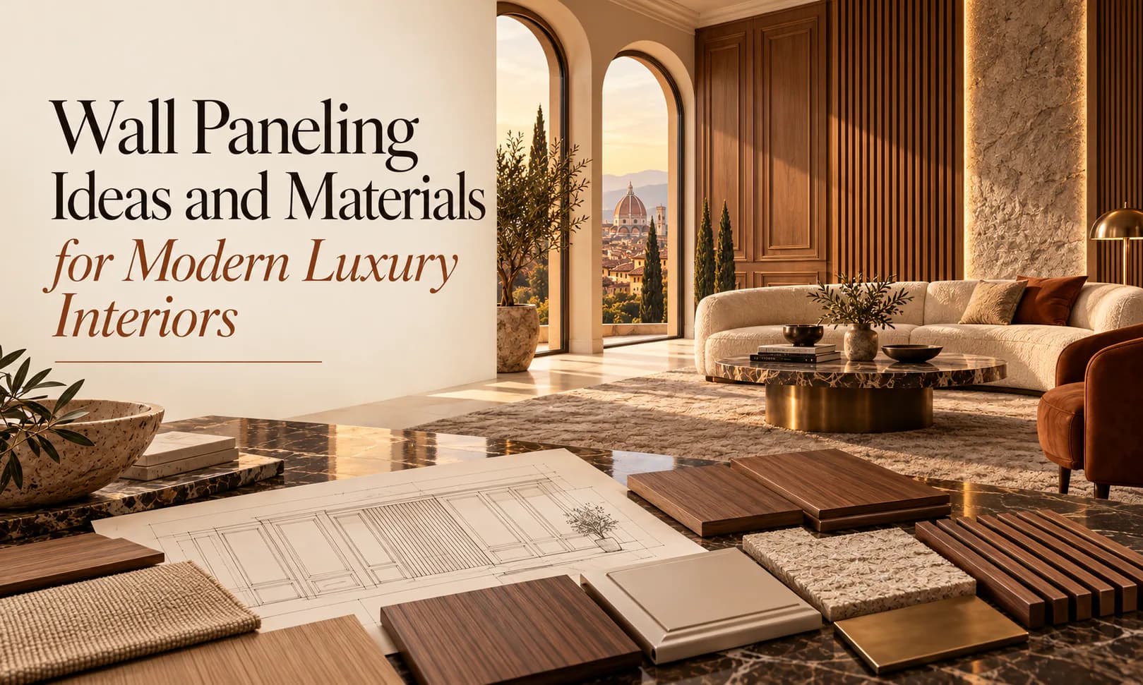 Wall paneling ideas and materials for modern luxury interiors: walnut boiserie and fluted wood panels in a living room, with an elevation drawing and veneer, lacquer and textured samples on a marble table