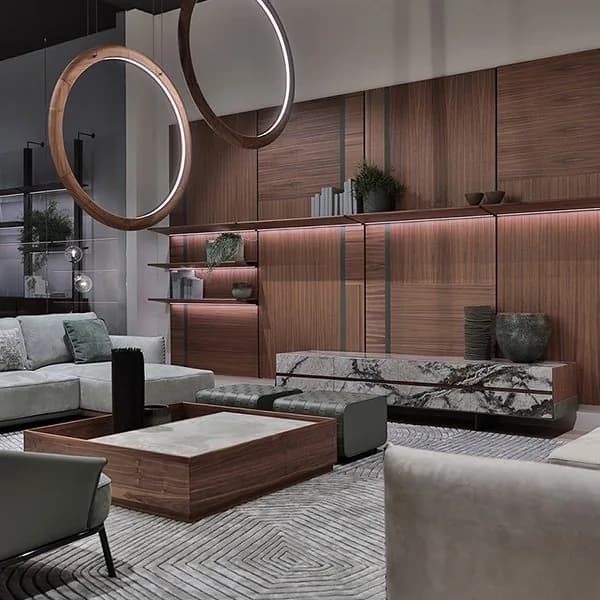 Ulivi Salotti living room with a walnut wall unit, marble sideboard and round backlit mirrors