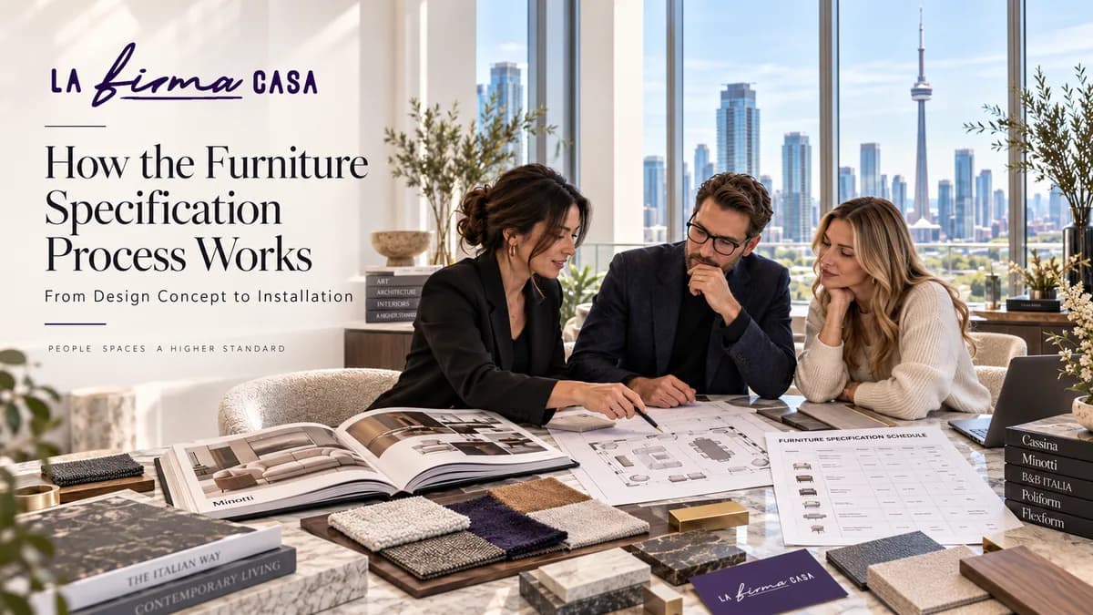 La Firma Casa designers and a client reviewing a furniture specification schedule, floor plan and Italian material samples at a marble table in a Toronto studio
