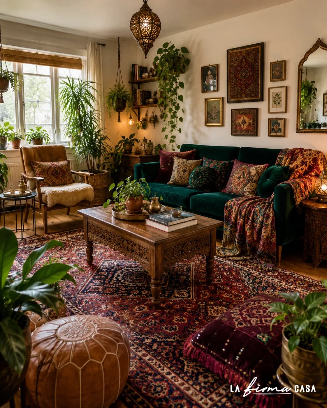 Bohemian living room with an emerald velvet sofa, layered patterned rugs, a gallery wall and trailing plants