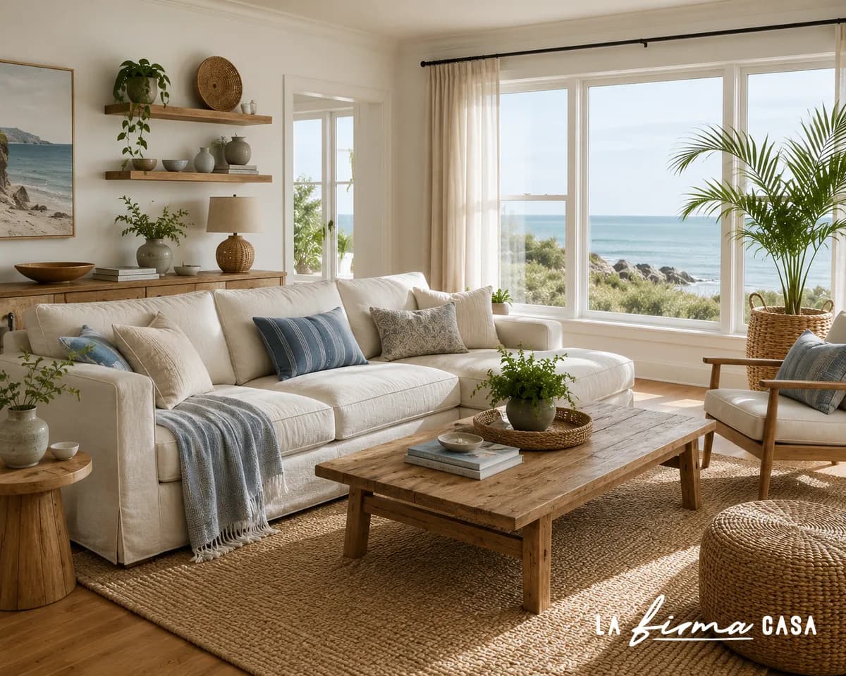 Coastal living room with a white slipcovered sofa, driftwood coffee table and an ocean view