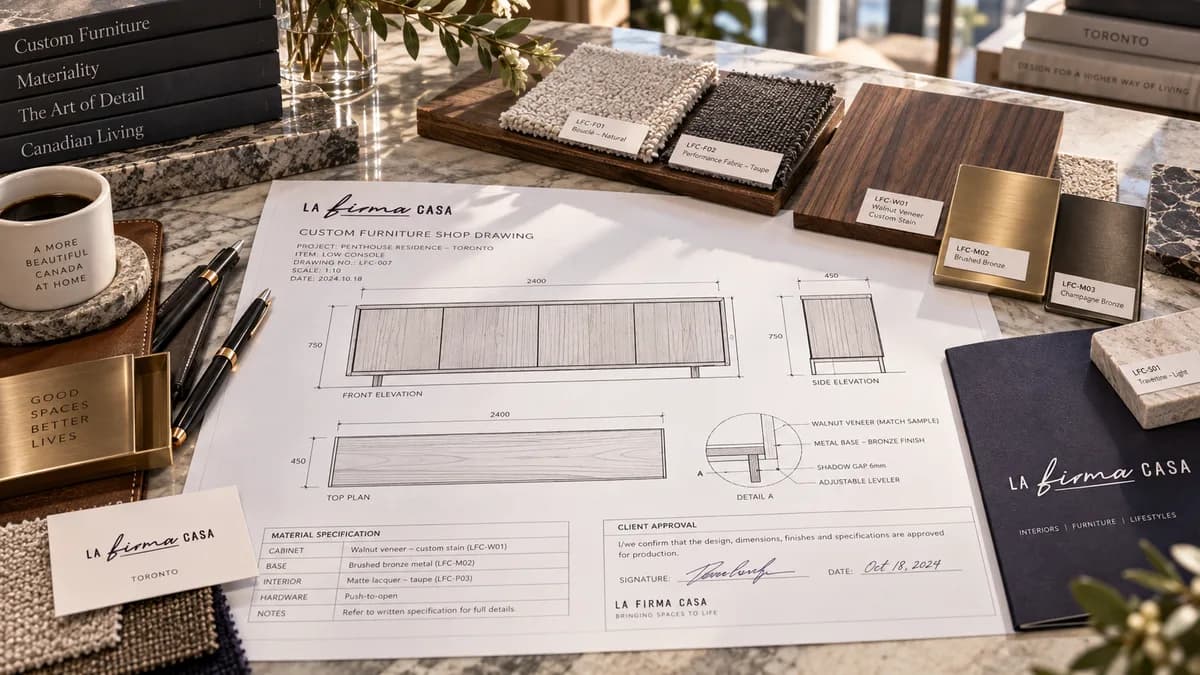 Custom furniture shop drawing with approved walnut and metal finish samples
