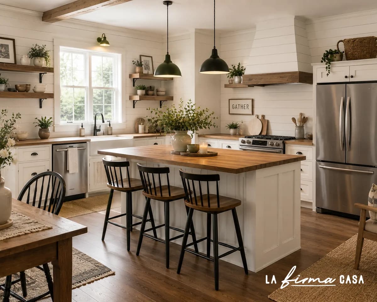 Farmhouse kitchen with a butcher block island, black pendant lights, shiplap walls and open shelving