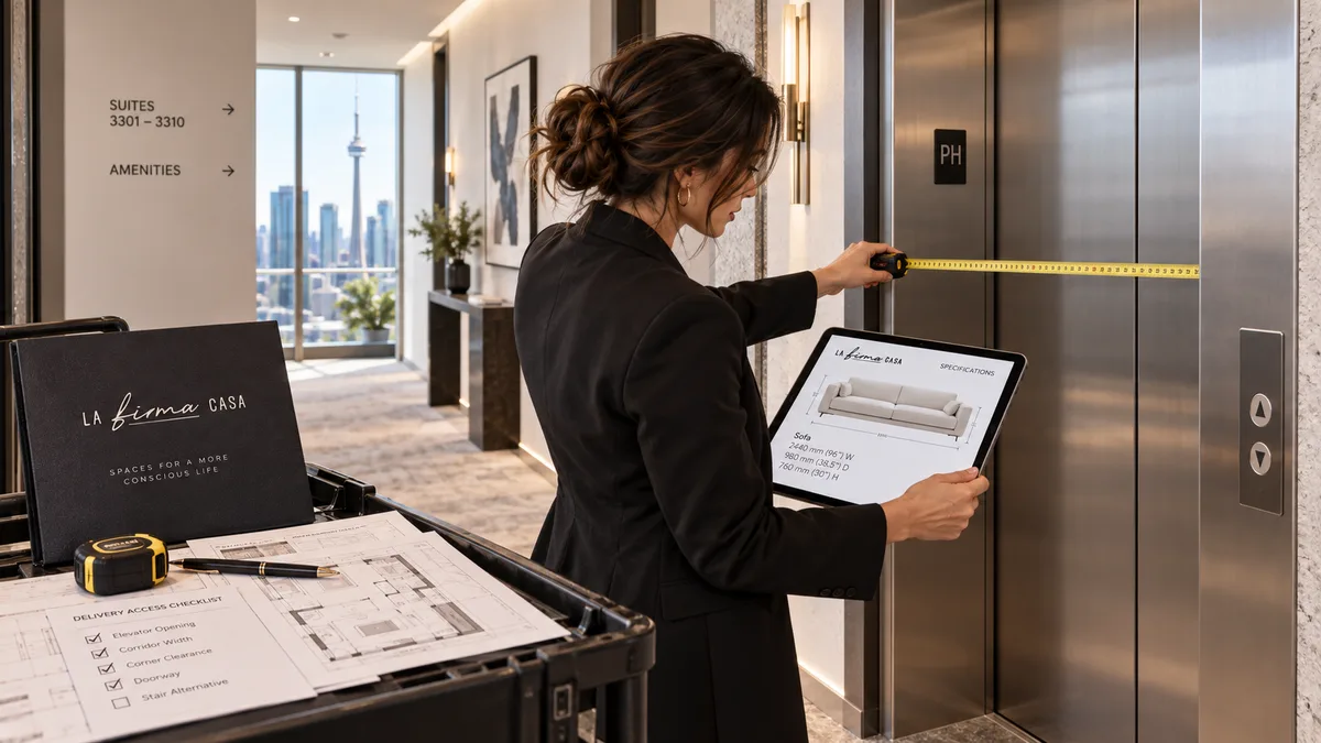 Designer checking elevator and corridor access for a specified sofa delivery
