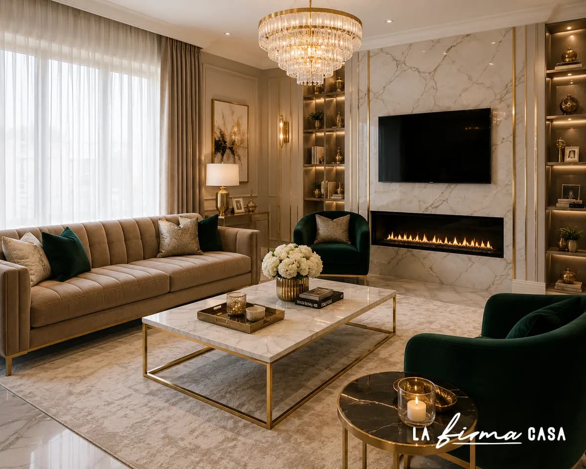 Glam living room with a crystal chandelier, marble fireplace, gold accents and emerald velvet chairs