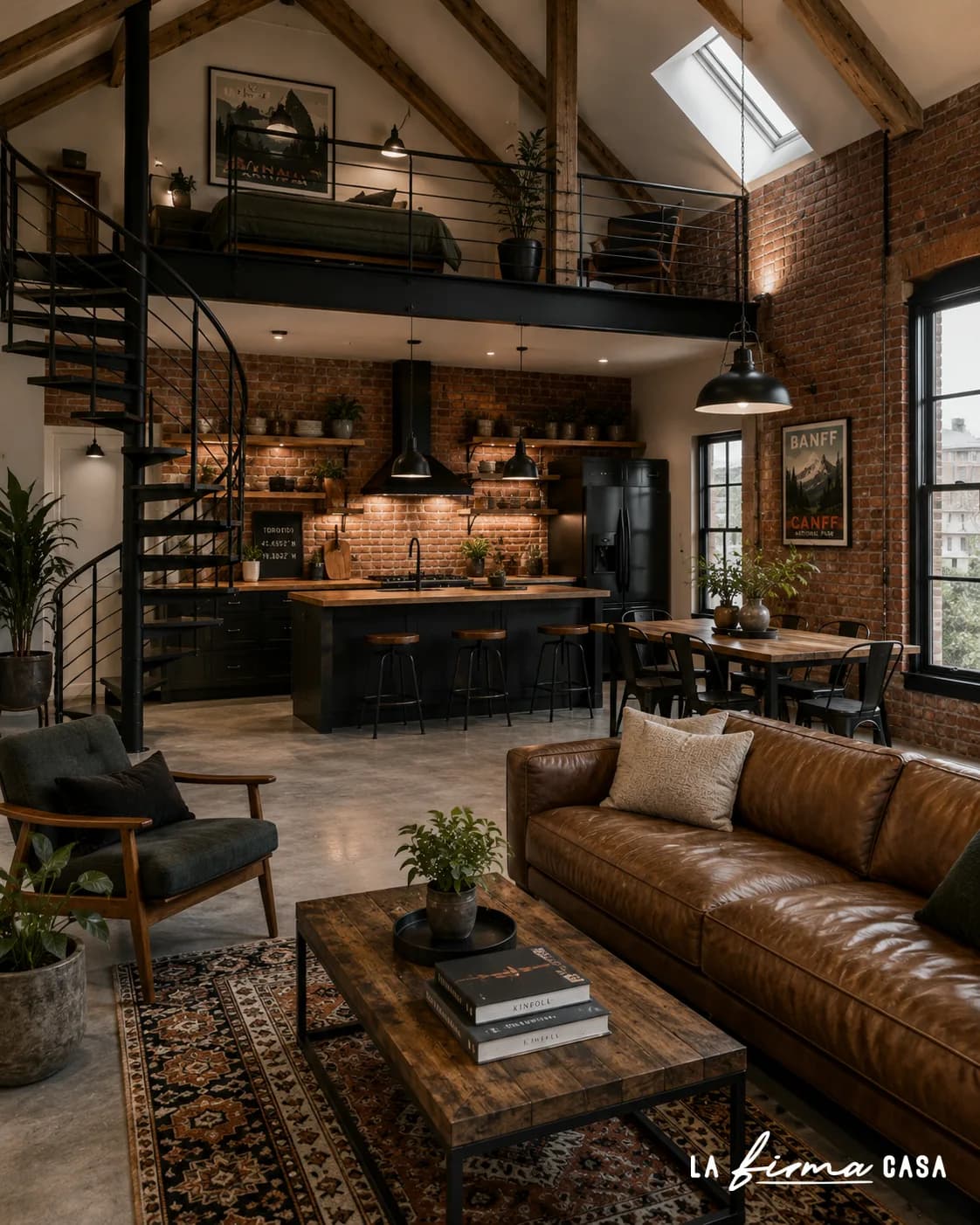 Industrial loft with exposed brick, a black steel staircase, timber roof beams and a tan leather sofa