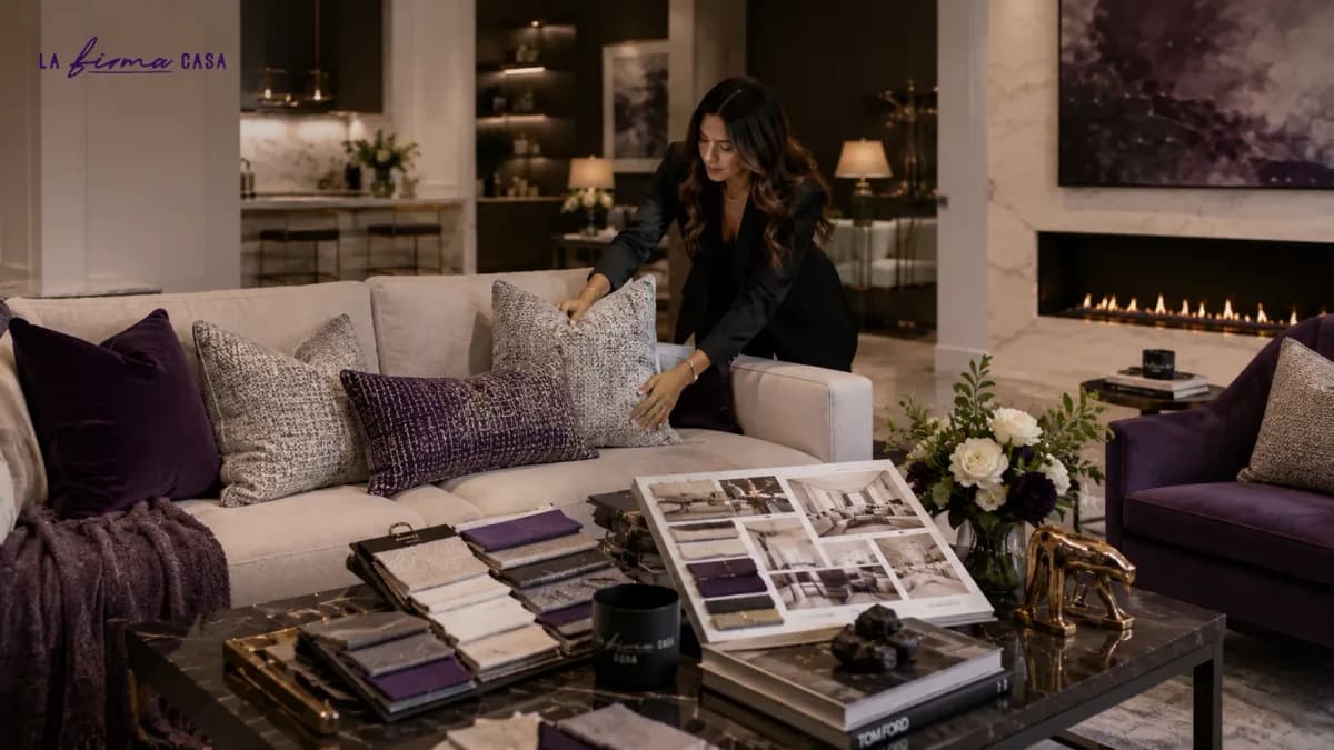 Interior decorator arranging cushions on a cream sofa in a luxury Mississauga living room, with fabric swatches and a design book on the marble coffee table