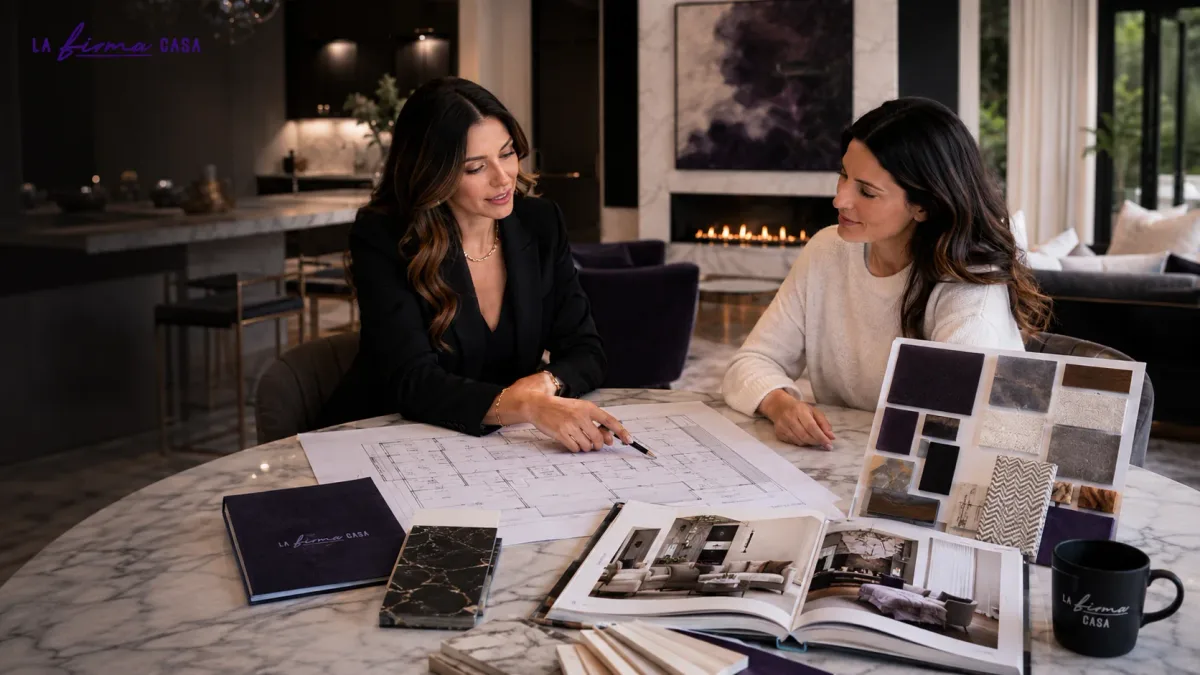 Design consultant reviewing a floor plan with a homeowner at a marble table in a Toronto home, with a material sample board and finish swatches beside them