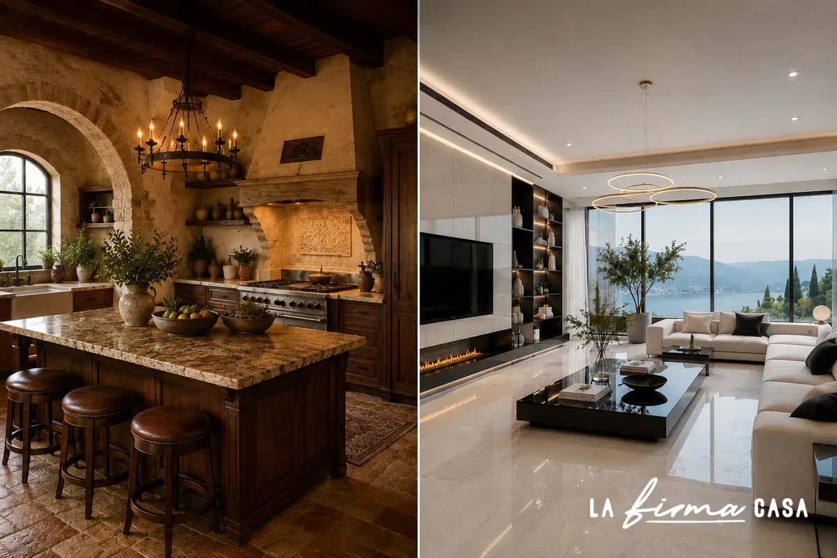 Classic Tuscan kitchen with stone arches beside a modern Italian living room with high gloss surfaces