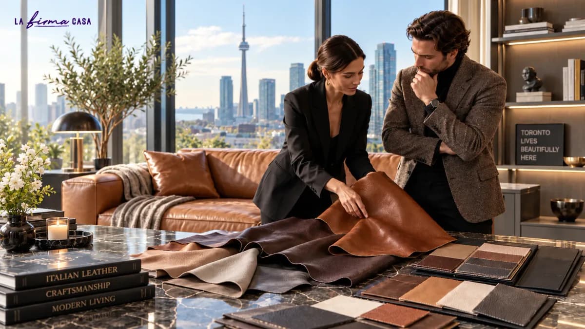 Full hides and leather sample books in tan, chocolate and cream laid across a marble table beside a tan Italian leather sofa
