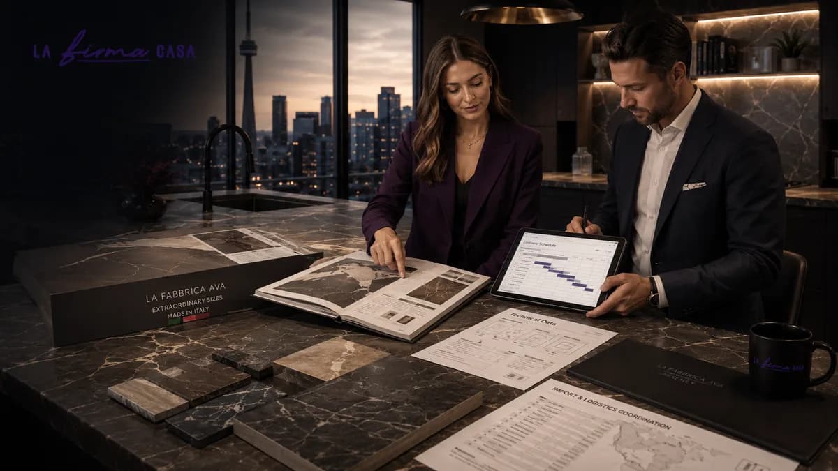 Italian porcelain sample box, slab catalogue and an import and logistics delivery schedule reviewed on a tablet at a Toronto kitchen island