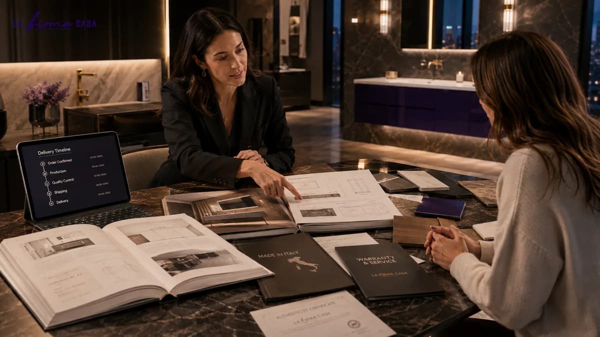 Consultant reviewing an Italian vanity catalogue, delivery timeline and warranty documents with a client in Mississauga