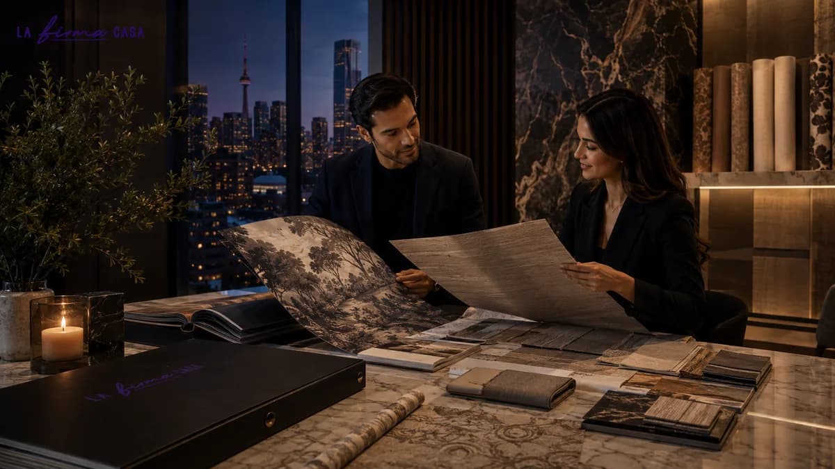 Two consultants comparing a botanical mural sample book against grasscloth and textile wallcovering swatches on a marble table