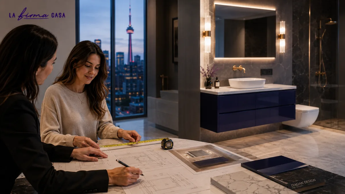 Designer measuring a bathroom drawing with a tape measure beside a wall hung Italian vanity in a Toronto condo