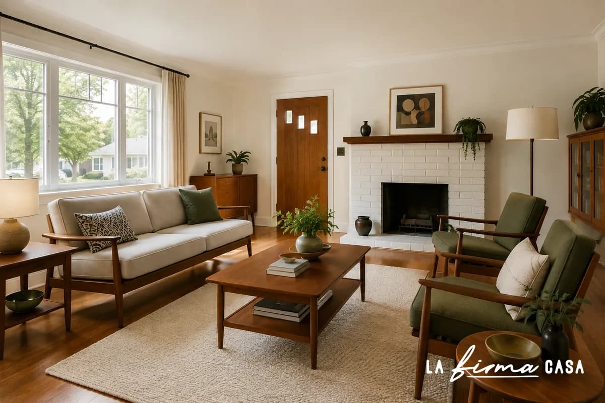 Midcentury modern living room with a walnut coffee table, olive green armchairs and a white fireplace