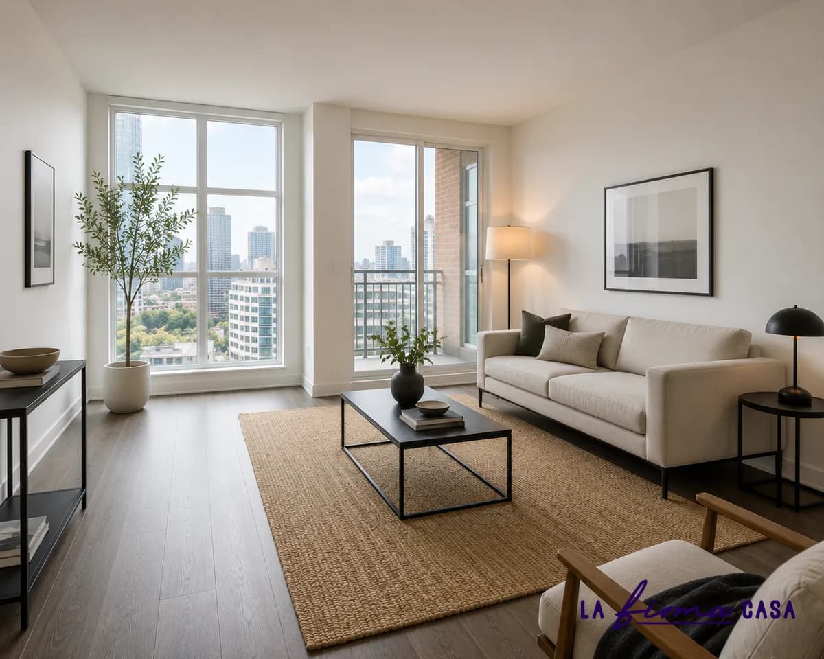 Minimalist condo living room with a pale sofa, a low black coffee table and a city skyline view