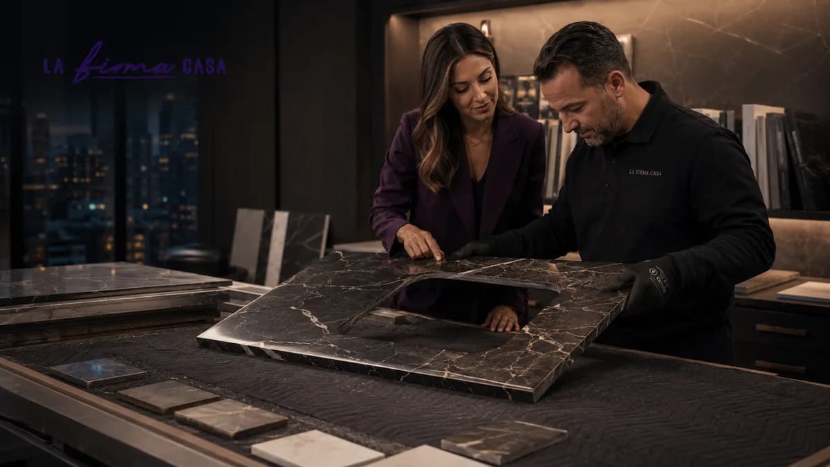 Fabricator in cut-resistant gloves lifting a porcelain slab with a finished rounded sink cutout while a designer checks the edge